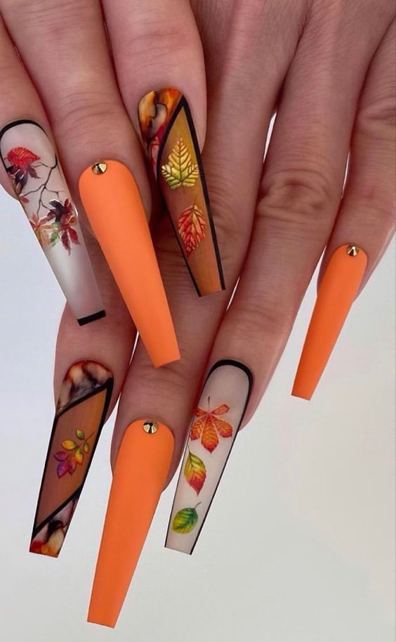 20 Long Fall Nails Ideas with Cute Designs and Rhinestones for Natural Nails in Coffin, Almond, Square and Oval Shape