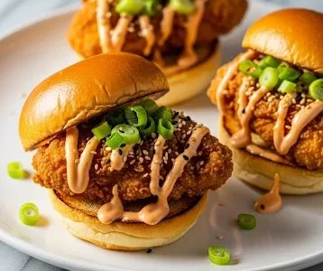 Bang Bang Chicken Sliders topped with creamy sauce on a plate