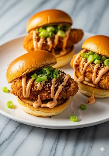 Bang Bang Chicken Sliders topped with creamy sauce on a plate