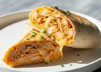 Delicious cheesy chicken wrap ready to be served