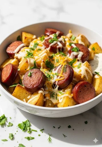 Cheesy Ranch Potatoes with Smoked Sausage, a delicious comfort food dish