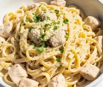 Creamy Garlic Parmesan Chicken Pasta served in a bowl with fresh herbs