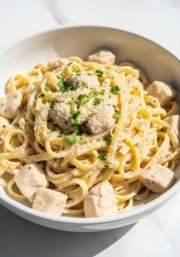 Creamy Garlic Parmesan Chicken Pasta served in a bowl with fresh herbs