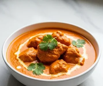 Delicious plate of homemade butter chicken garnished with fresh cilantro