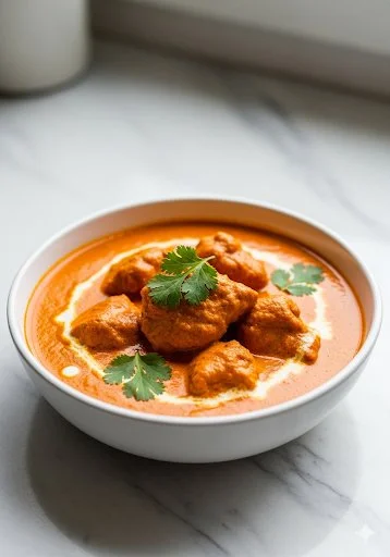 Delicious plate of homemade butter chicken garnished with fresh cilantro