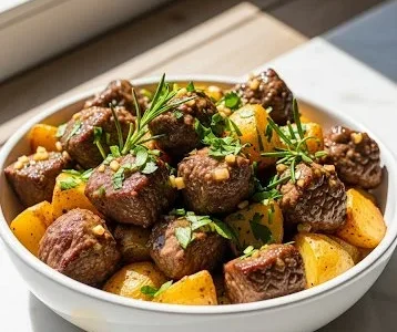 Delicious garlic butter beef bites served with flavorful potatoes