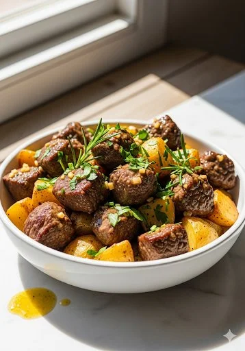 Delicious garlic butter beef bites served with flavorful potatoes