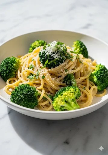 Light and healthy broccoli pasta dish topped with fresh ingredients