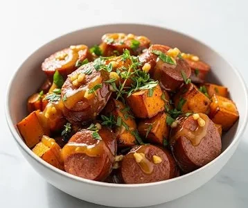 Sausage and sweet potatoes drizzled with honey garlic sauce on a plate
