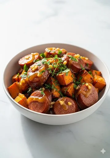 Sausage and sweet potatoes drizzled with honey garlic sauce on a plate